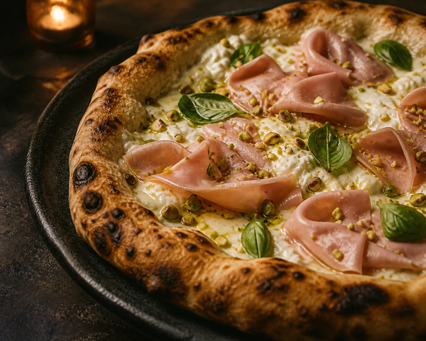 Pizza z mortadelą, pistacjami i stracciatellą