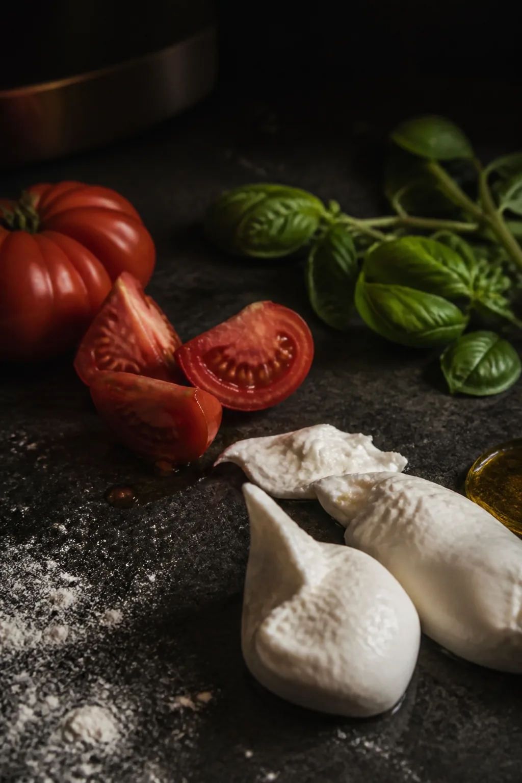 Pomidory, fior di latte, bazylia i oliwa na kamiennym blacie